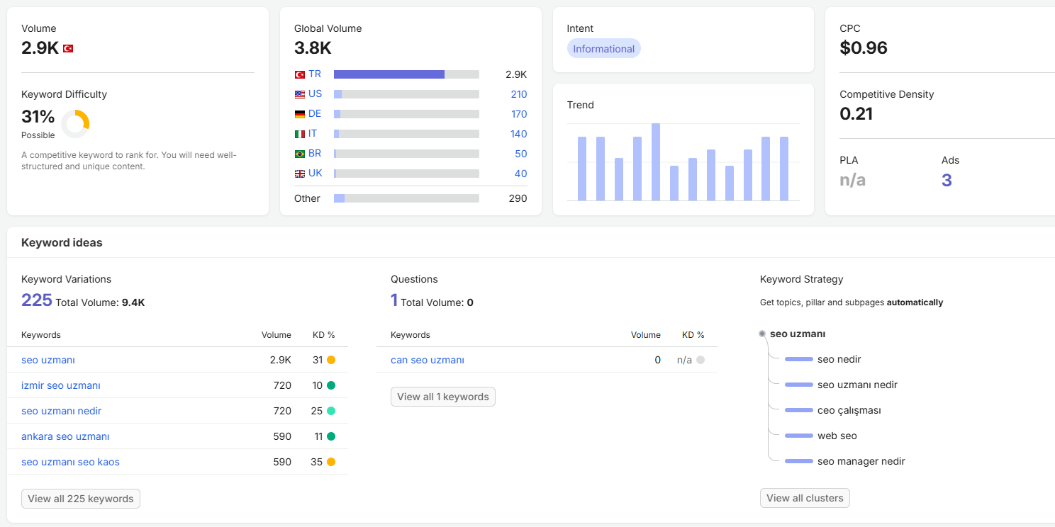 Semrush Anahtar Kelime Araştırma Ekranı